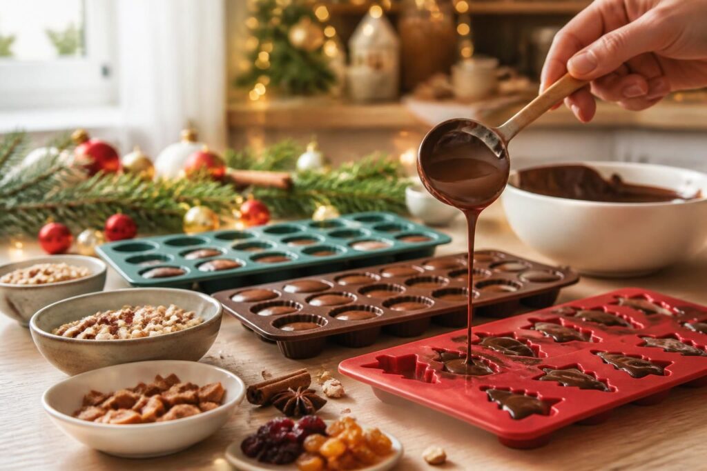 découvrez une recette facile de chocolat de noël fait maison, idéale pour réaliser de délicieux chocolats avec des moules en silicone. parfaite pour les fêtes !