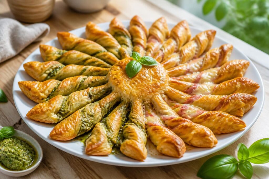 découvrez notre recette facile et gourmande de soleil en pâte feuilletée, agrémentée de pesto ou de jambon, parfaite pour toutes vos occasions festives.