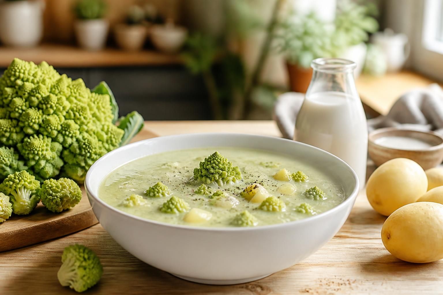 découvrez notre recette de soupe au chou romanesco, pommes de terre et lait de coco, une délicieuse fusion de saveurs crémeuses et réconfortantes, parfaite pour toutes les saisons.
