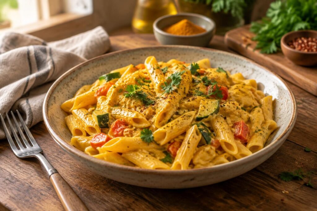 préparez des pâtes à la sauce curry en un rien de temps : une recette simple, savoureuse et idéale pour les soirs pressés.